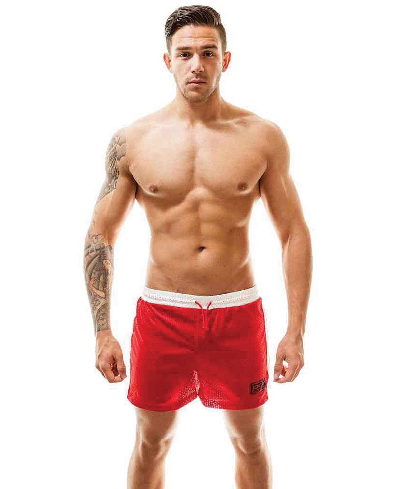 red and white gym shorts